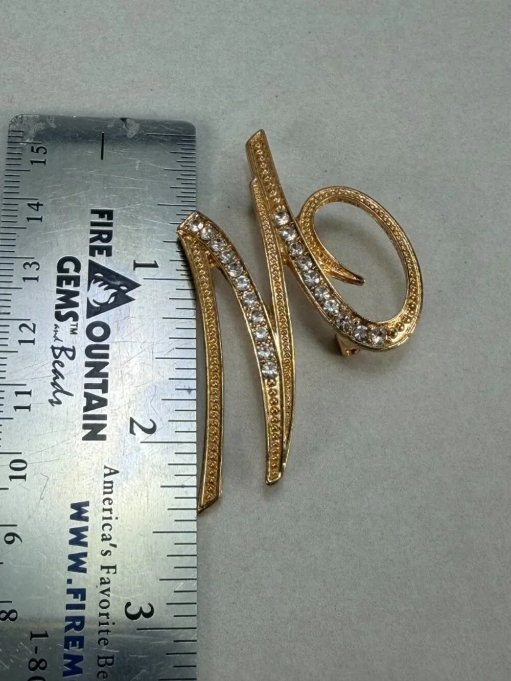 Vintage Letter M Monogram Brooch Gold Tone Clear Rhinestone Initial Pin